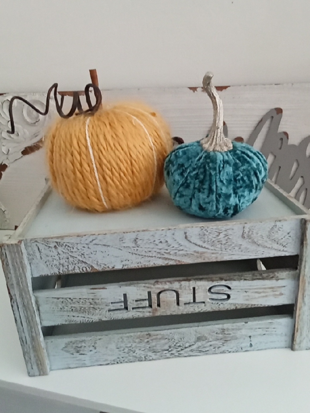 Decorative Mustard Yellow Yarn Pumpkin, Teal Velvet Pumpkin & Mint Wood Crate